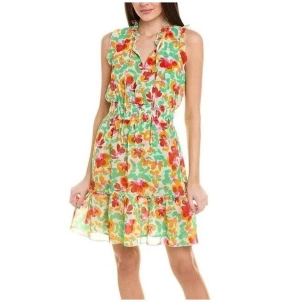 Cabi Floral Sleeveless Dress Womens XXL Green Orange Ruffle Smocked Boho‎ Summer